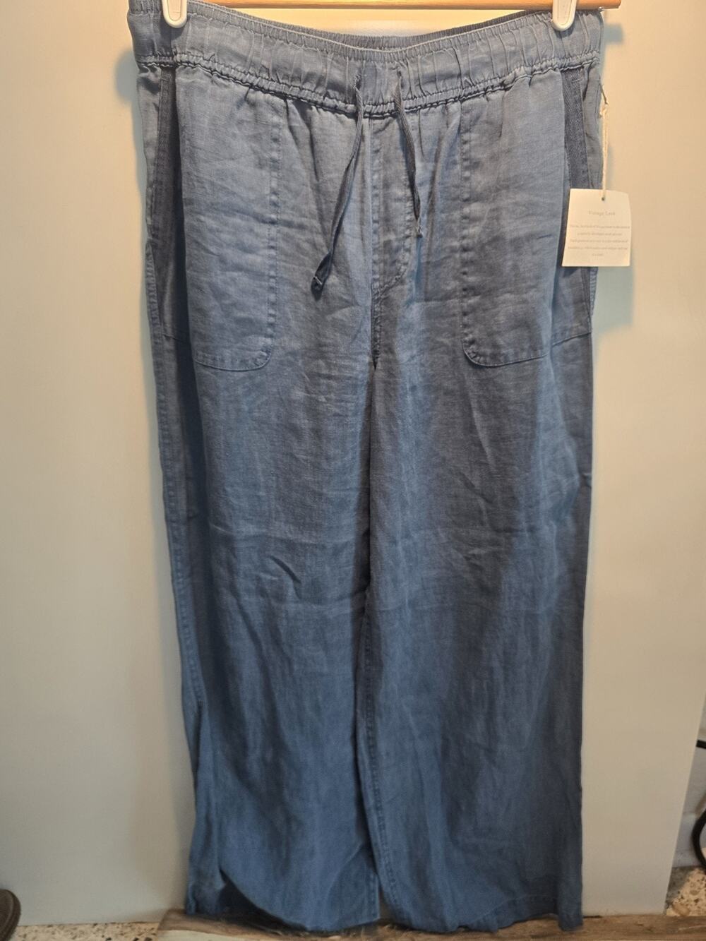 Artisan NY Womens Linen Pants Blue Wash Elastic Waist Pockets Sz M new pull on